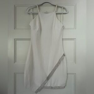 White Halter Dress with Asymmetrical Rhinestone Hem